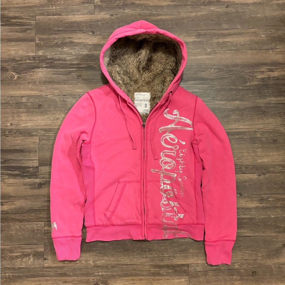 Y2K 00s Pink Fur Sherpa lined Aeropostale Zip up Hoodie